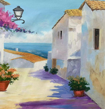 Blue and Gold Coastal Impasto Abstract Wall Art – Mediterranean Street