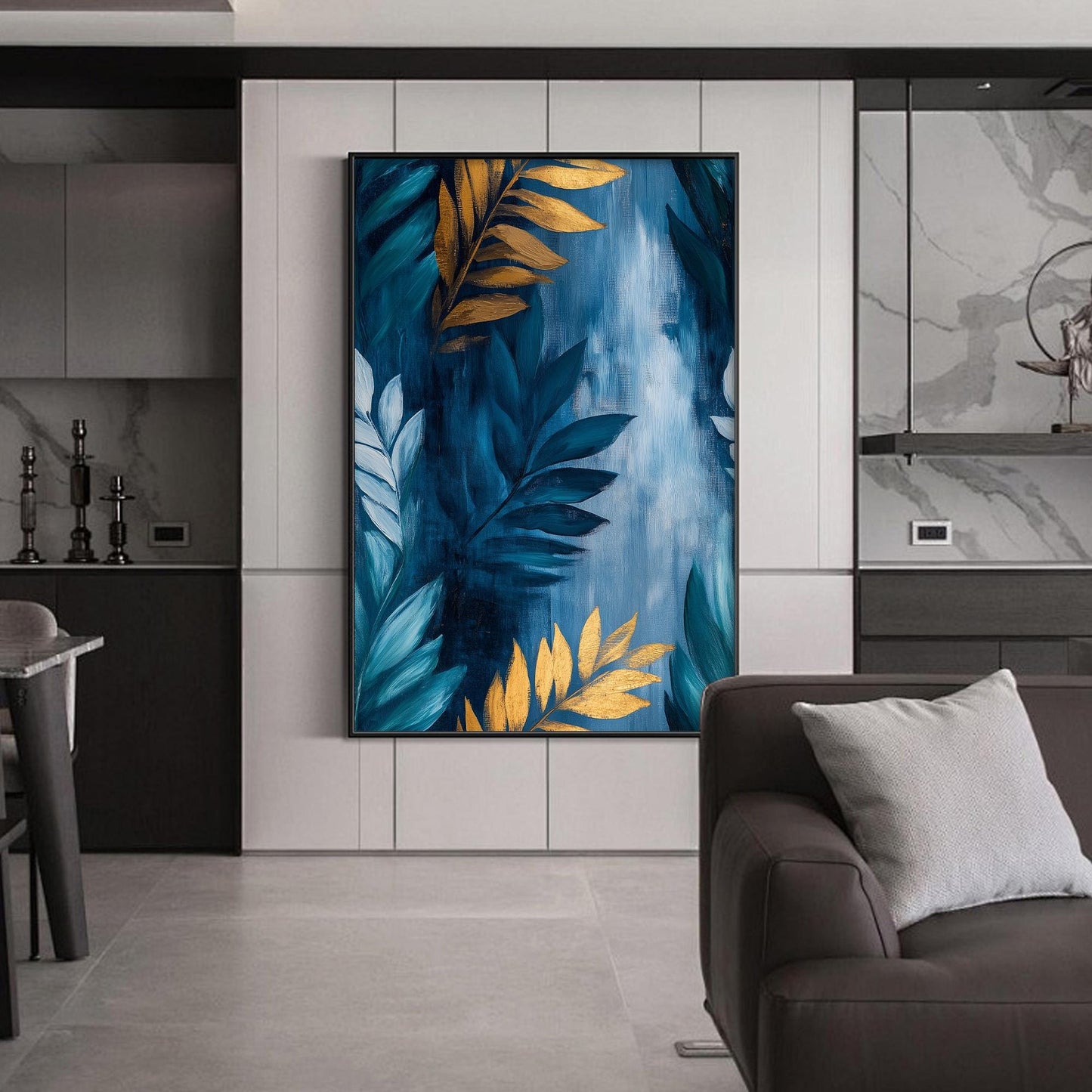 Gold and Teal Leaf – Teal and Gold Botanical Leaf Wall Art | Abstract Oil Painting, view 1
