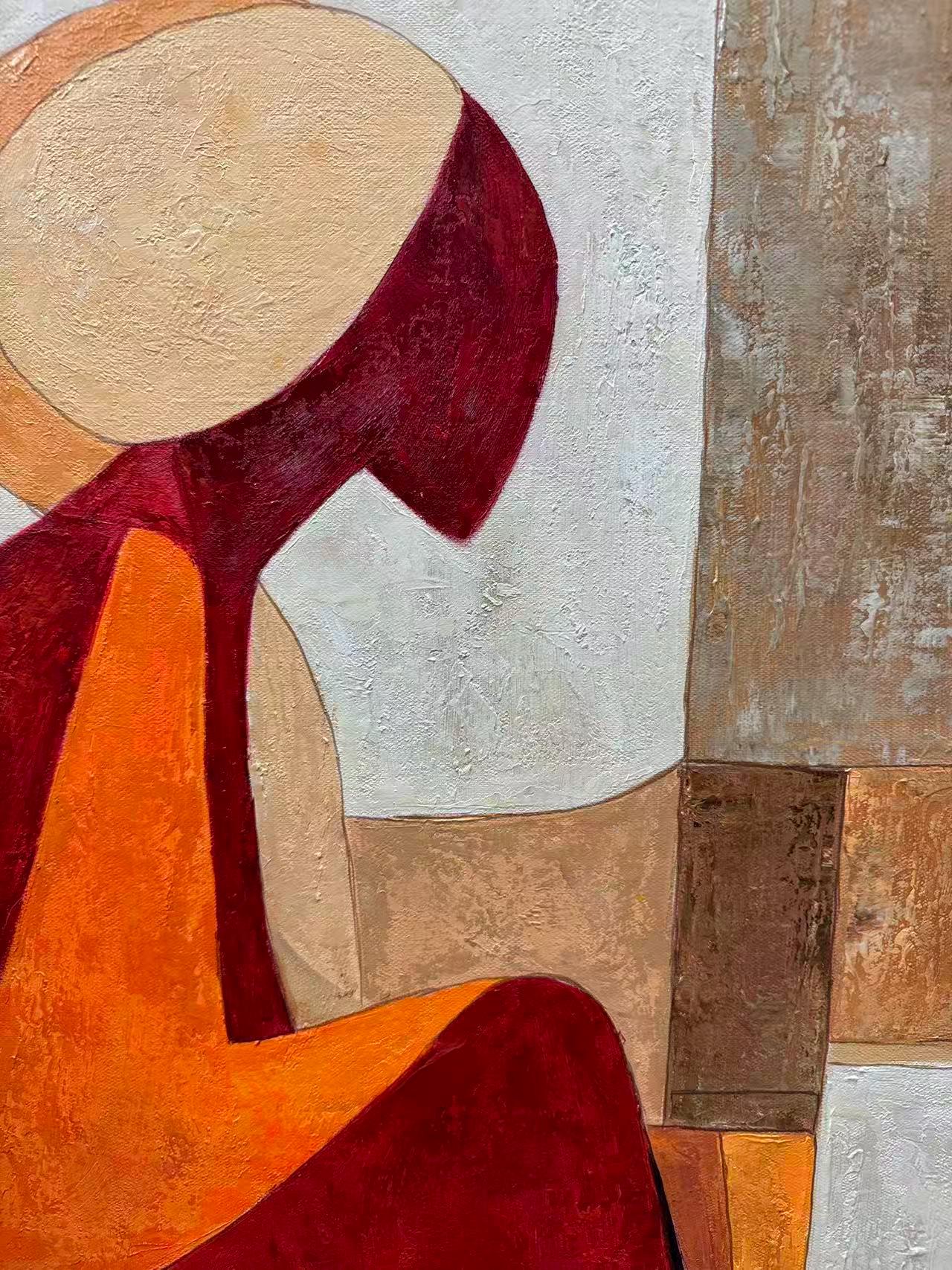 Terracotta and Red Cubist Figure Portrait Wall Art – Abstract Woman Figure Painting