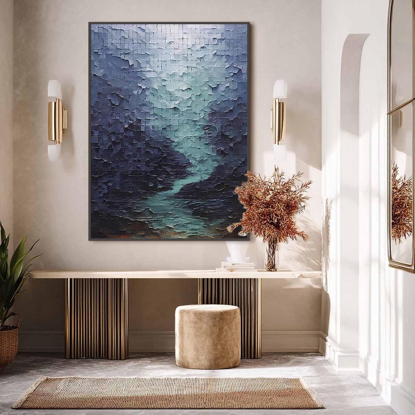 Blue Abstract Impasto River Landscape Wall Art – Textured Impasto River Oil Painting