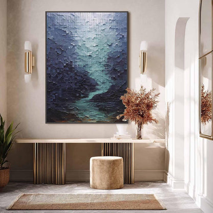 Blue Abstract Impasto River Landscape Wall Art – Textured Impasto River Oil Painting