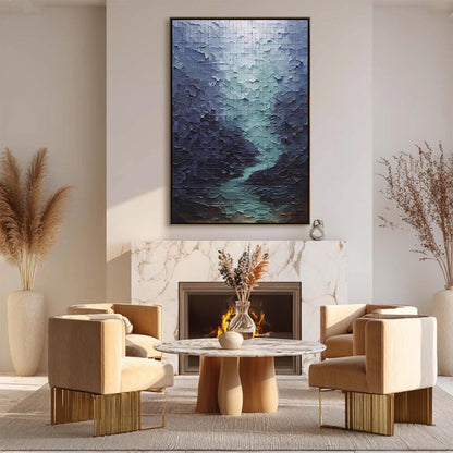 Blue Abstract Impasto River Landscape Wall Art – Textured Impasto River Oil Painting