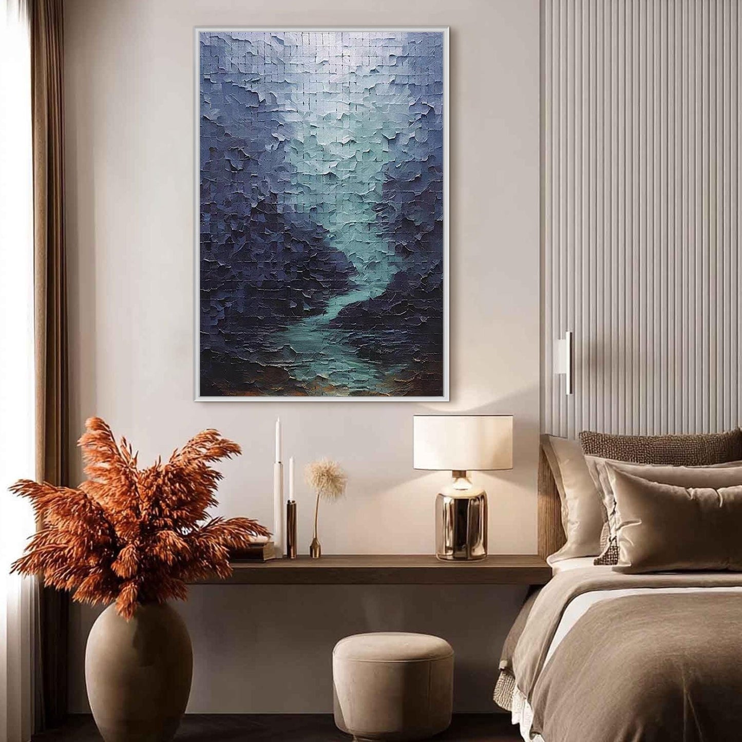 Textured Impasto River Oil Painting, Abstract Modern Canvas Wall Art – Blue River Landscape Wall Art | Abstract Impasto Hand-