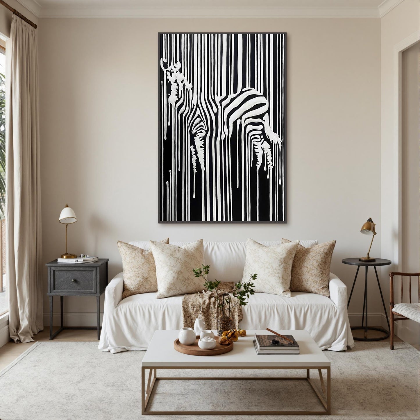 Abstract Zebra Oil Painting, Textured Black White Stripes Canvas Art – Black and White Abstract Wall Art | Textured Hand-Pain