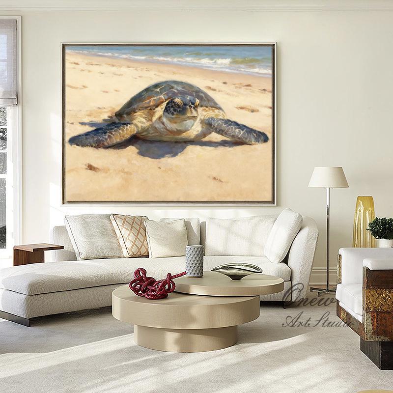 Hand Painted Sea Turtle Oil Painting on Canvas, Large Impressionist Marine Turtle Canvas Wall Art, Original Animal Wall Art for Living Room