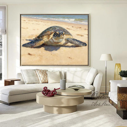 Hand Painted Sea Turtle Oil Painting on Canvas, Large Impressionist Marine Turtle Canvas Wall Art, Original Animal Wall Art for Living Room
