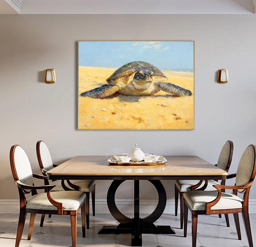 Hand Painted Sea Turtle Oil Painting on Canvas, Large Impressionist Marine Turtle Canvas Wall Art, Original Animal Wall Art for Living Room