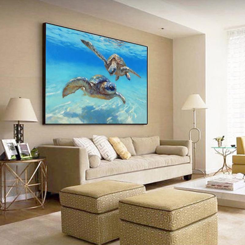 Hand Painted Sea Turtle Oil Painting on Canvas, Large Impressionist Marine Turtle Canvas Wall Art, Original Animal Wall Art for Living Room