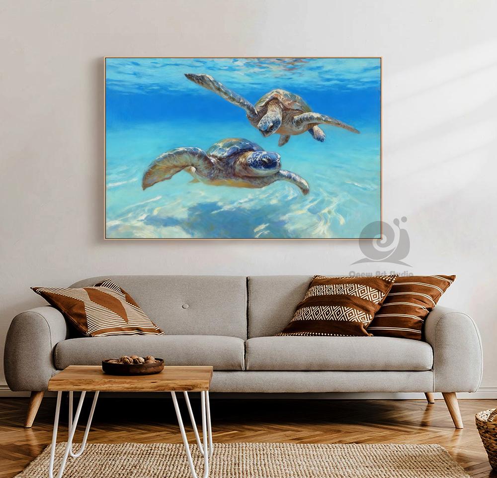 Hand Painted Sea Turtle Oil Painting on Canvas, Large Impressionist Marine Turtle Canvas Wall Art, Original Animal Wall Art for Living Room
