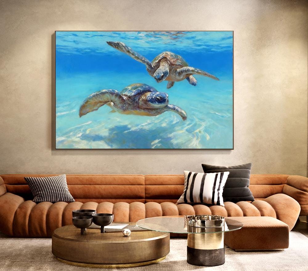 Hand Painted Sea Turtle Oil Painting on Canvas, Large Impressionist Marine Turtle Canvas Wall Art, Original Animal Wall Art for Living Room