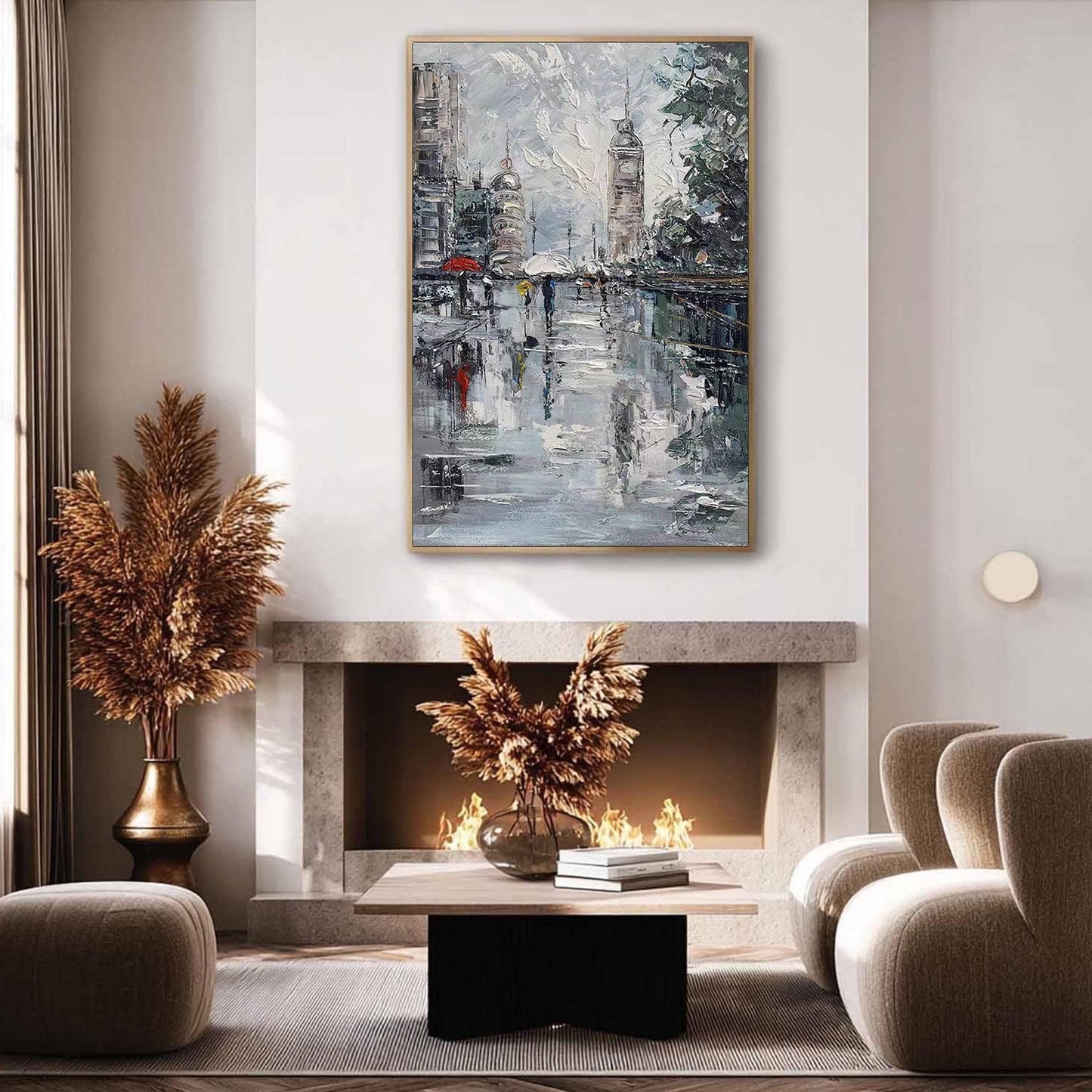 Colorful Impressionist Rainy City Street Oil Painting – City Architecture Wall Art