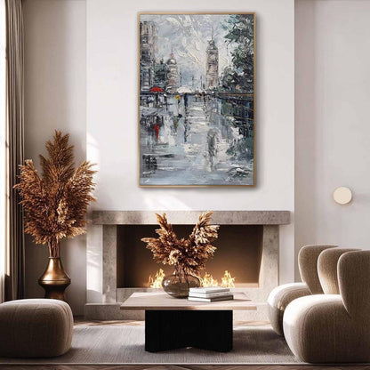 Colorful Impressionist Rainy City Street Oil Painting – City Architecture Wall Art