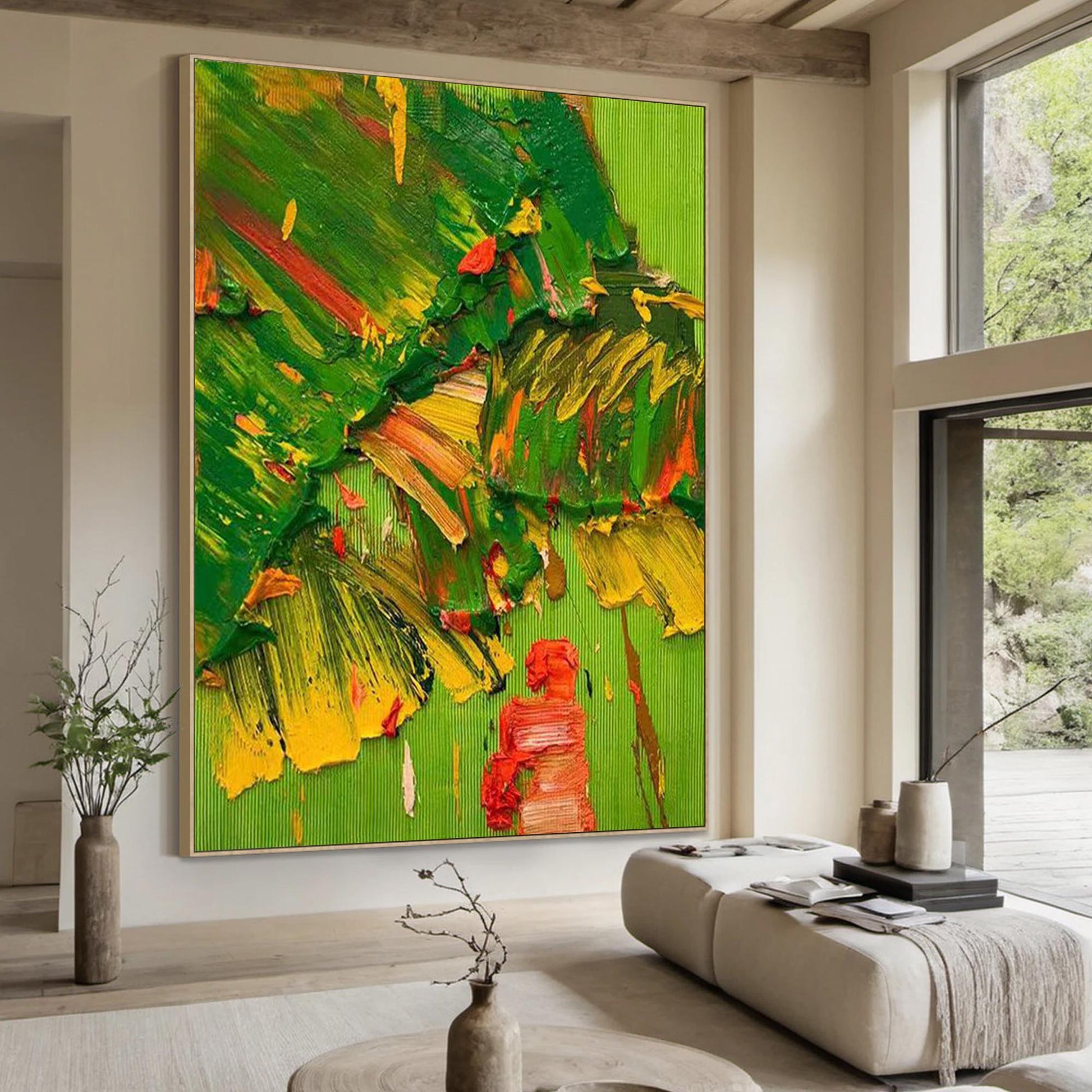 Textured Abstract Oil Painting, Green Yellow Red Impasto Canvas Wall Decor – Green and Yellow Abstract Expressionist Wall Art