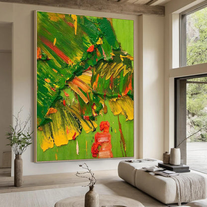Textured Abstract Oil Painting, Green Yellow Red Impasto Canvas Wall Decor – Green and Yellow Abstract Expressionist Wall Art
