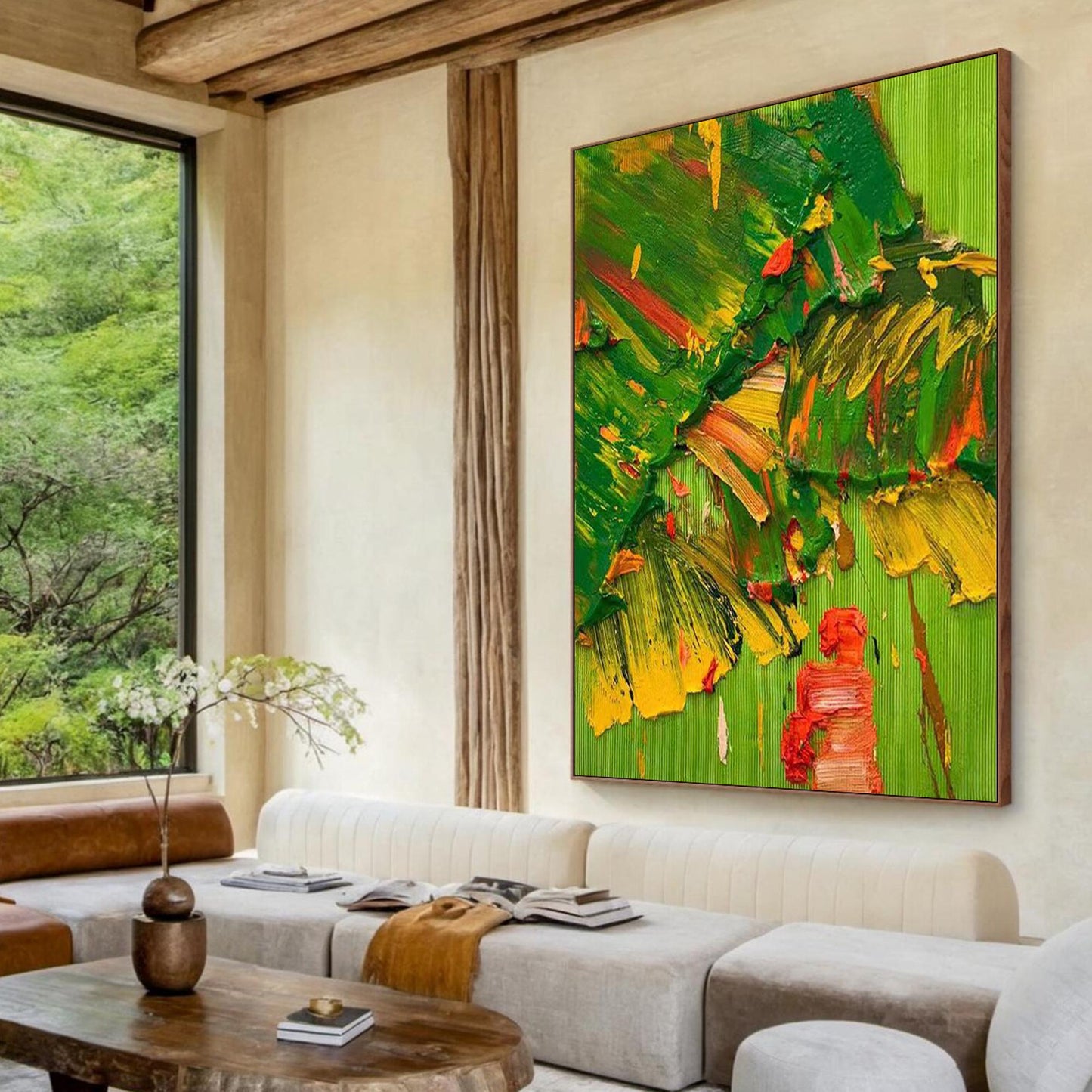 Textured Abstract Oil Painting, Green Yellow Red Impasto Canvas Wall Decor – Green and Yellow Abstract Expressionist Wall Art