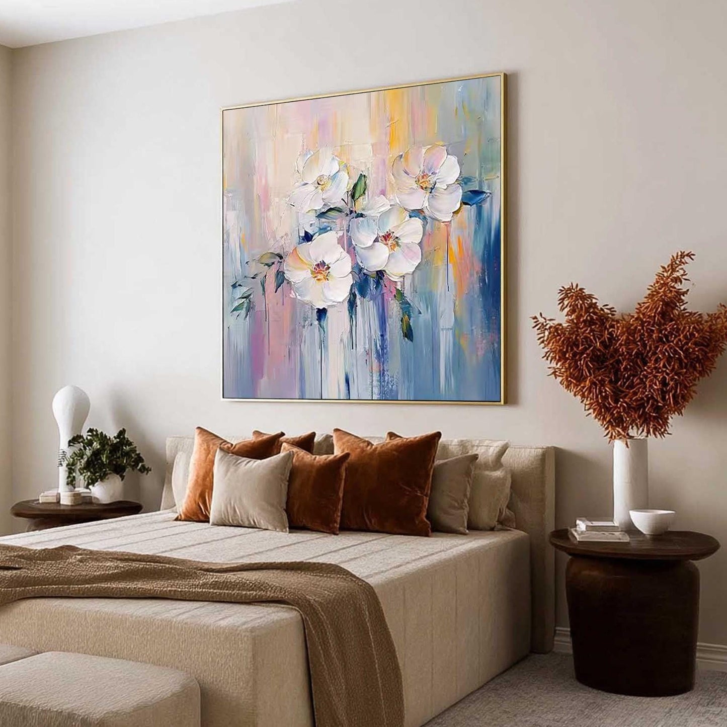 Hand-Painted White – White Floral Wall Art | Abstract Hand-Painted Oil Painting, view 3