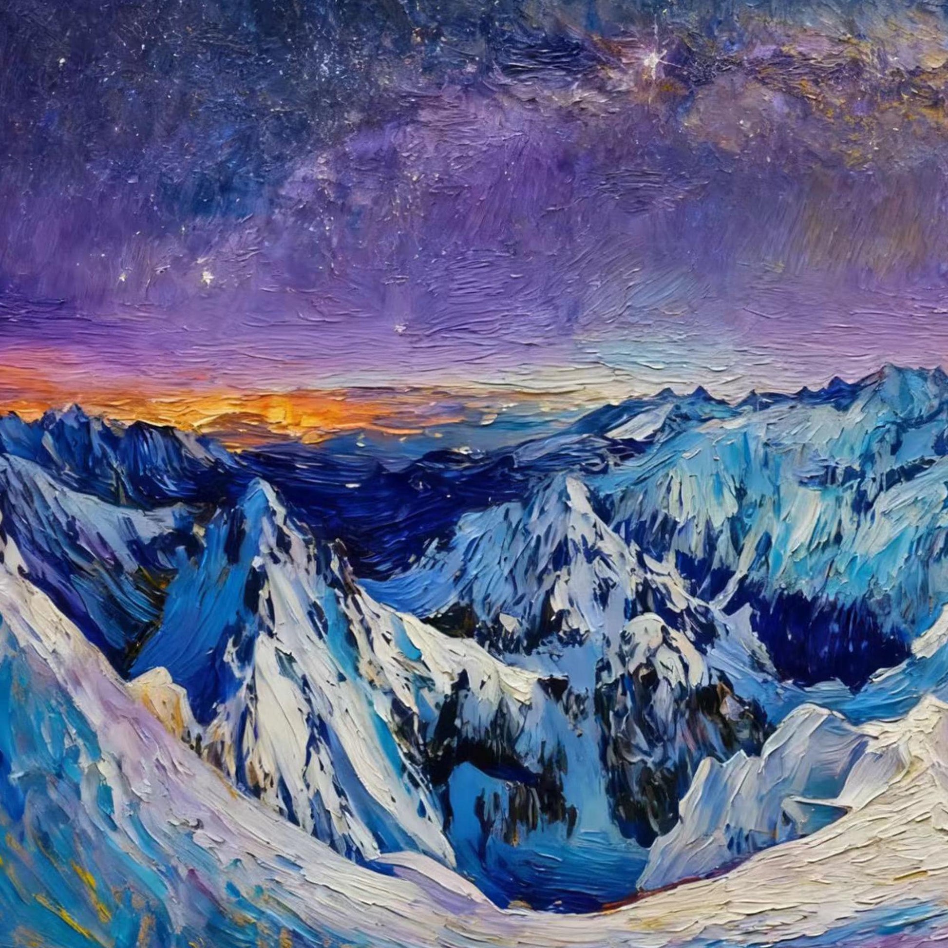 Textured Snow-Capped Mountain Oil Painting, Starry Night Sky Landscape Canvas – Blue and Purple Snow-Capped Mountain Wall Art