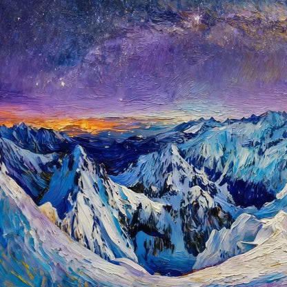 Textured Snow-Capped Mountain Oil Painting, Starry Night Sky Landscape Canvas – Blue and Purple Snow-Capped Mountain Wall Art