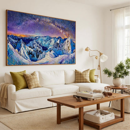 Textured Snow-Capped Mountain Oil Painting, Starry Night Sky Landscape Canvas – Blue and Purple Snow-Capped Mountain Wall Art