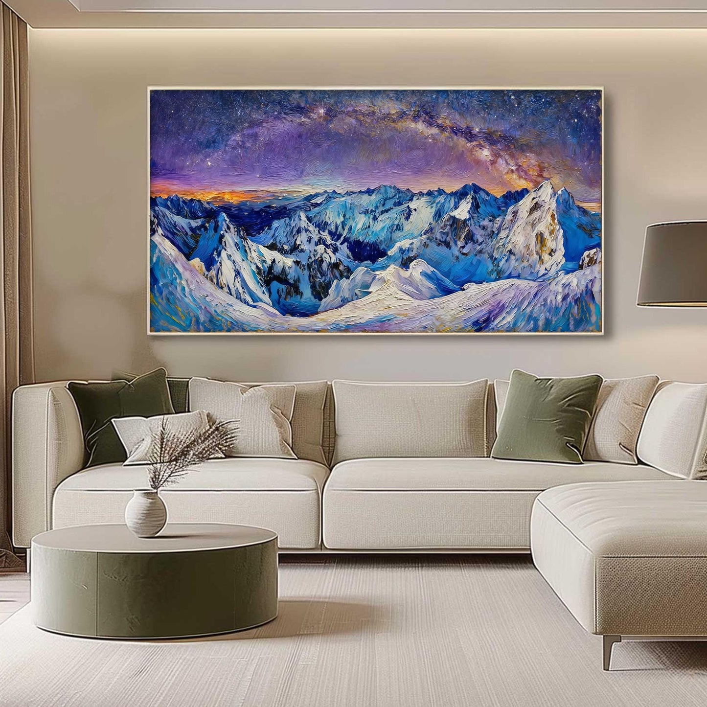 Textured Snow-Capped Mountain Oil Painting, Starry Night Sky Landscape Canvas – Blue and Purple Snow-Capped Mountain Wall Art