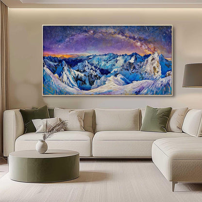 Textured Snow-Capped Mountain Oil Painting, Starry Night Sky Landscape Canvas – Blue and Purple Snow-Capped Mountain Wall Art