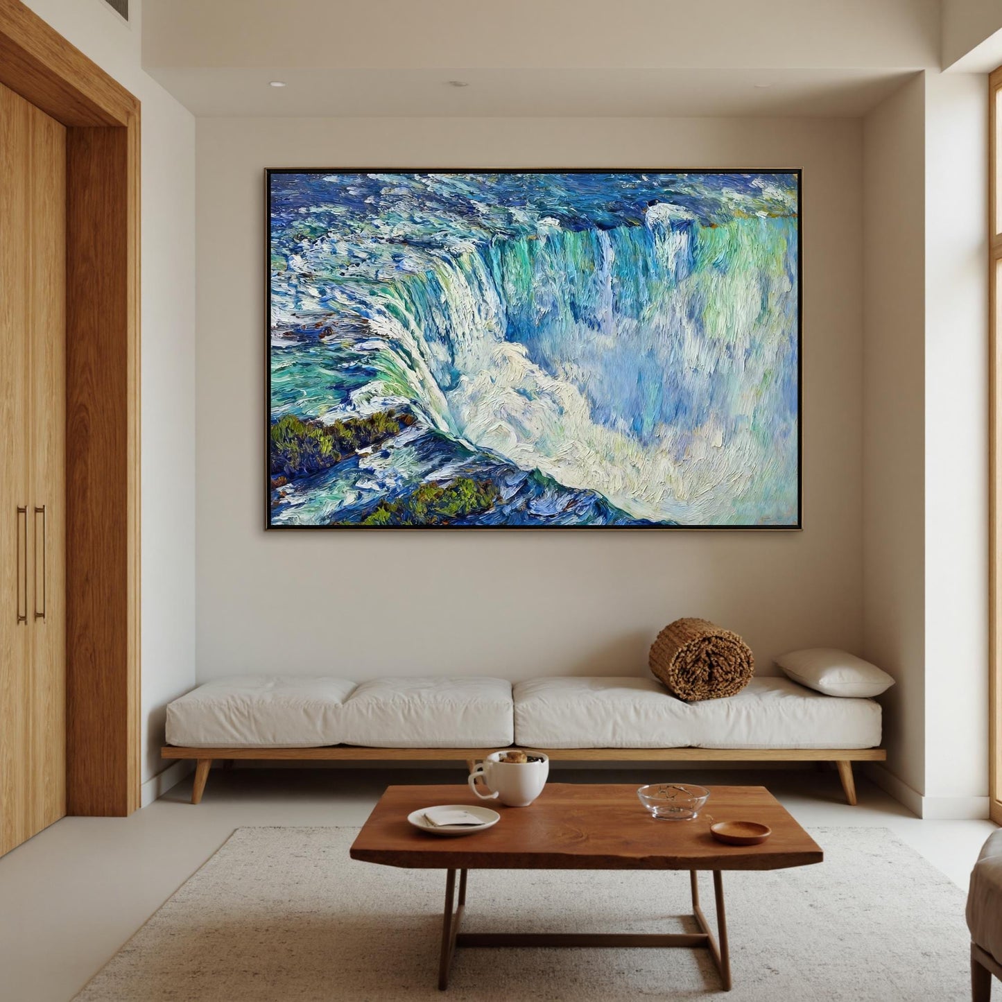 Blue and Green Textured Waterfall Landscape Wall Art – Hand-Painted Waterfall