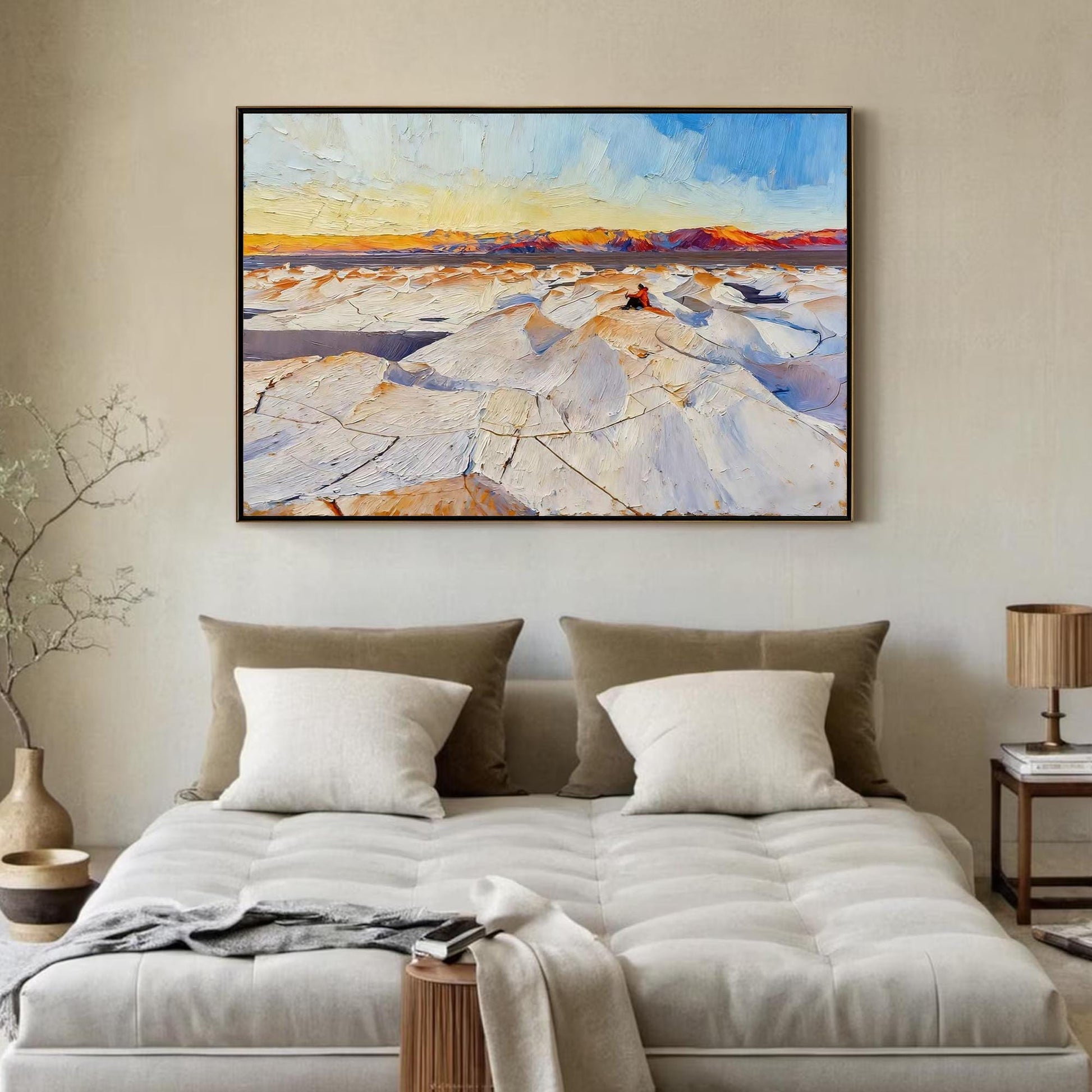 Textured Impasto Oil Painting, Winter Snowscape Lone Figure, Colorful Sky Canvas Wall Art – Colorful Celestial 3D Texture Wal