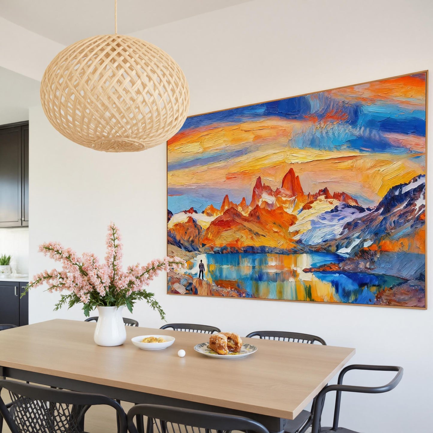 Hand-Painted – Blue and Orange Lake Landscape Wall Art | Impasto Hand-Painted Oil Painting, view 4