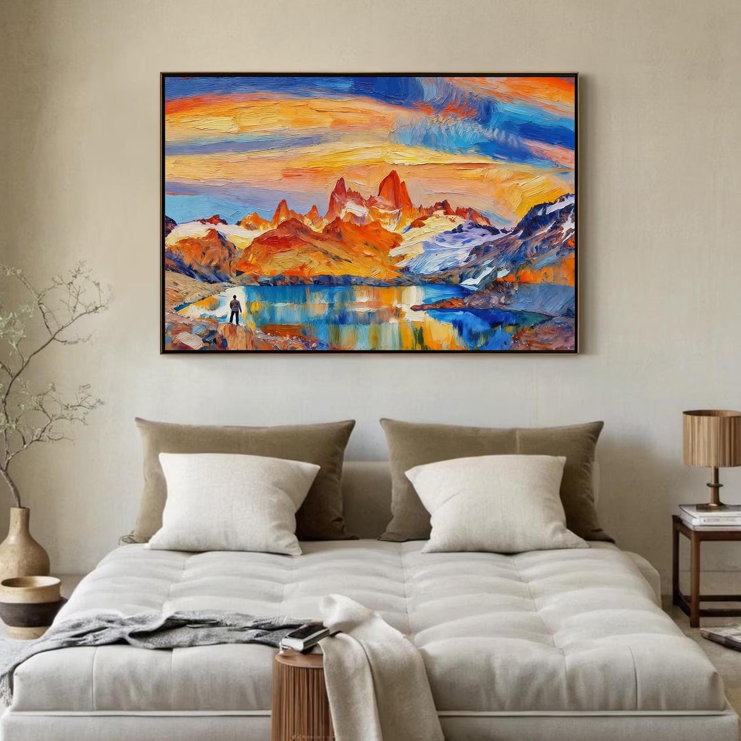 Hand-Painted – Blue and Orange Lake Landscape Wall Art | Impasto Hand-Painted Oil Painting, view 3