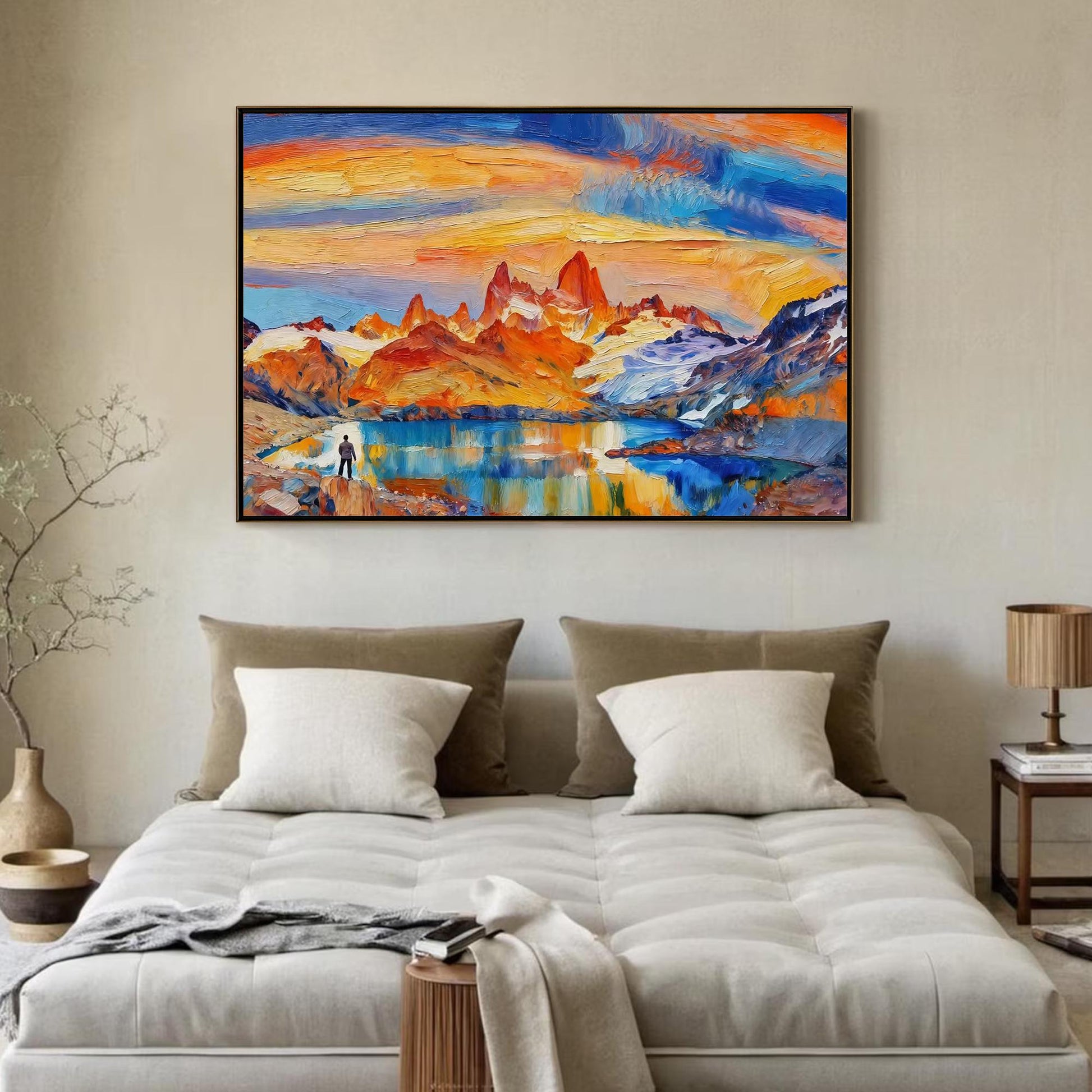 Hand-Painted – Blue and Orange Lake Landscape Wall Art | Impasto Hand-Painted Oil Painting, view 3