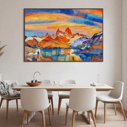 Blue and Orange Impasto Lake Landscape Wall Art – Hand-Painted