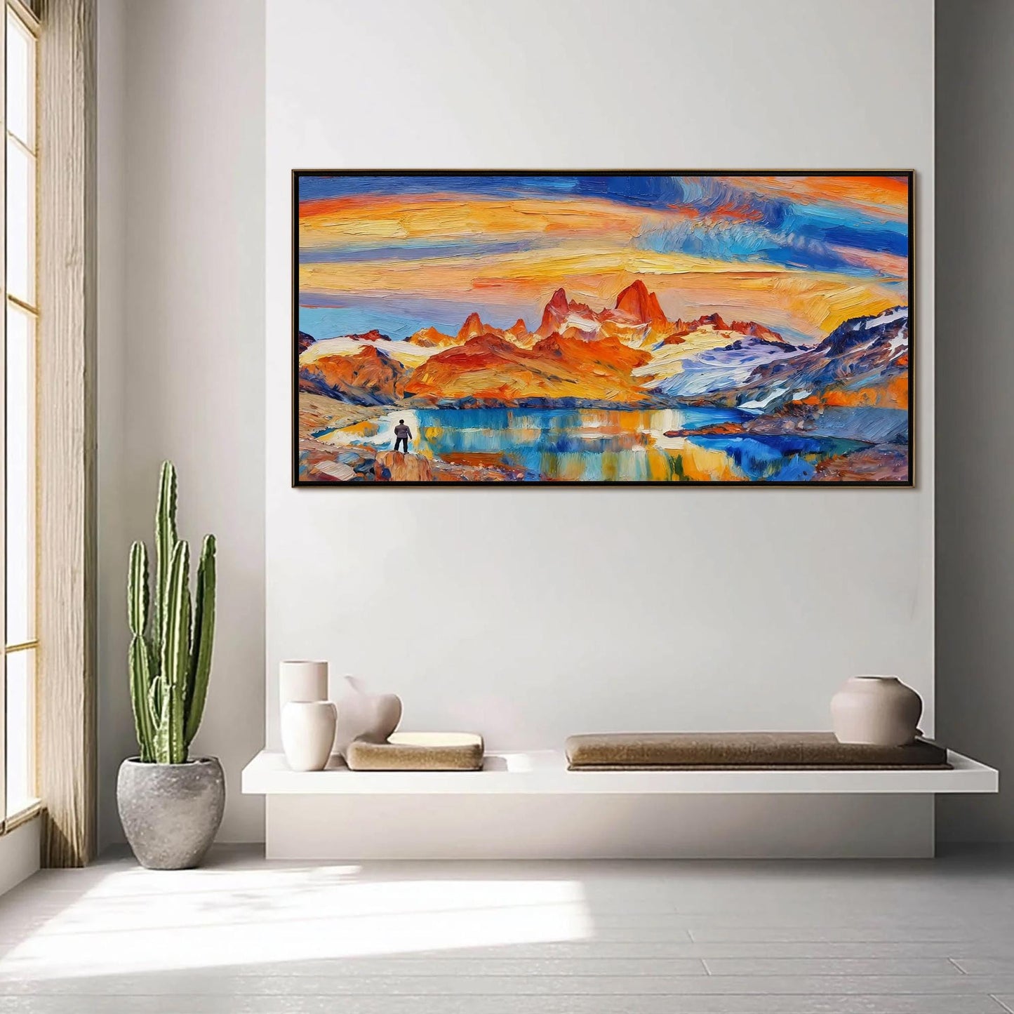 Blue and Orange Impasto Lake Landscape Wall Art – Hand-Painted