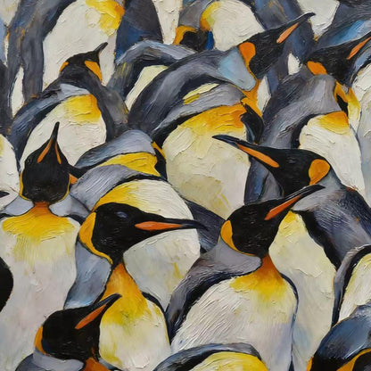 Blue and Yellow Textured Abstract 3D Texture Wall Art – Textured Emperor Penguin Oil Painting, Antarctic Colony Wildlife Art