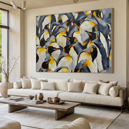 Textured Emperor Penguin Oil Painting, Antarctic Colony Wildlife Art – Blue and Yellow Abstract 3D Texture Wall Art | Texture