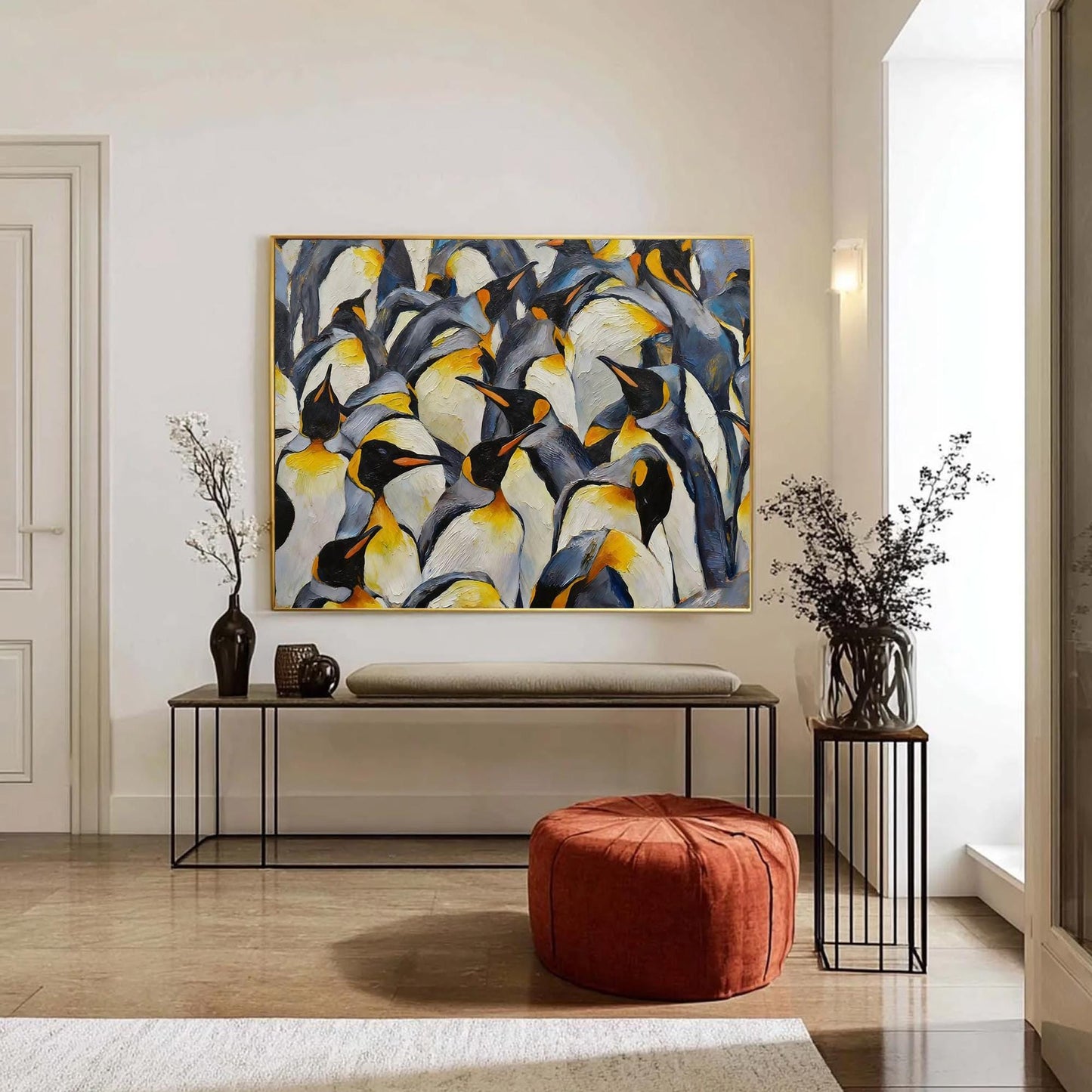 Blue and Yellow Textured Abstract 3D Texture Wall Art – Textured Emperor Penguin Oil Painting, Antarctic Colony Wildlife Art