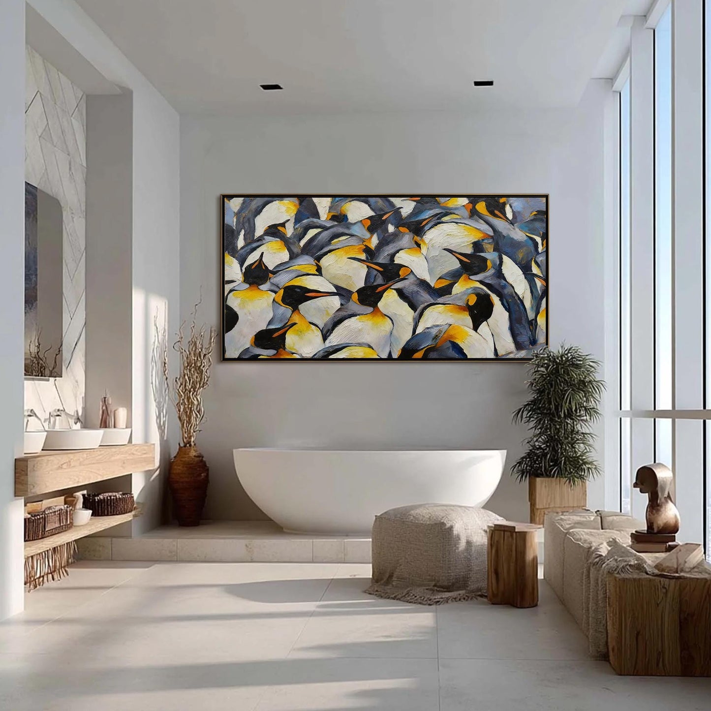 Blue and Yellow Textured Abstract 3D Texture Wall Art – Textured Emperor Penguin Oil Painting, Antarctic Colony Wildlife Art