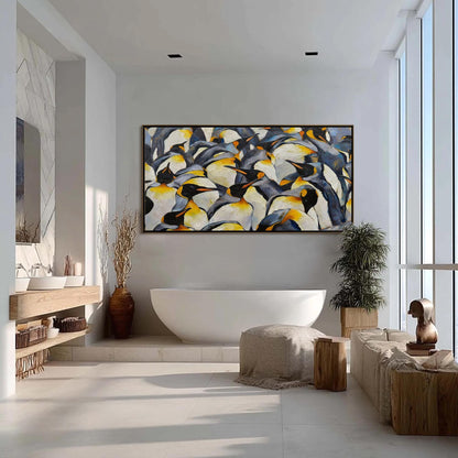 Blue and Yellow Textured Abstract 3D Texture Wall Art – Textured Emperor Penguin Oil Painting, Antarctic Colony Wildlife Art