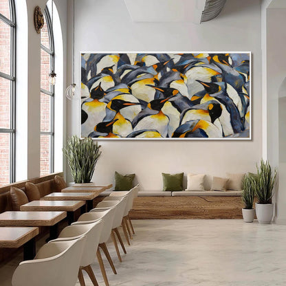 Textured Emperor Penguin Oil Painting, Antarctic Colony Wildlife Art – Blue and Yellow Abstract 3D Texture Wall Art | Texture