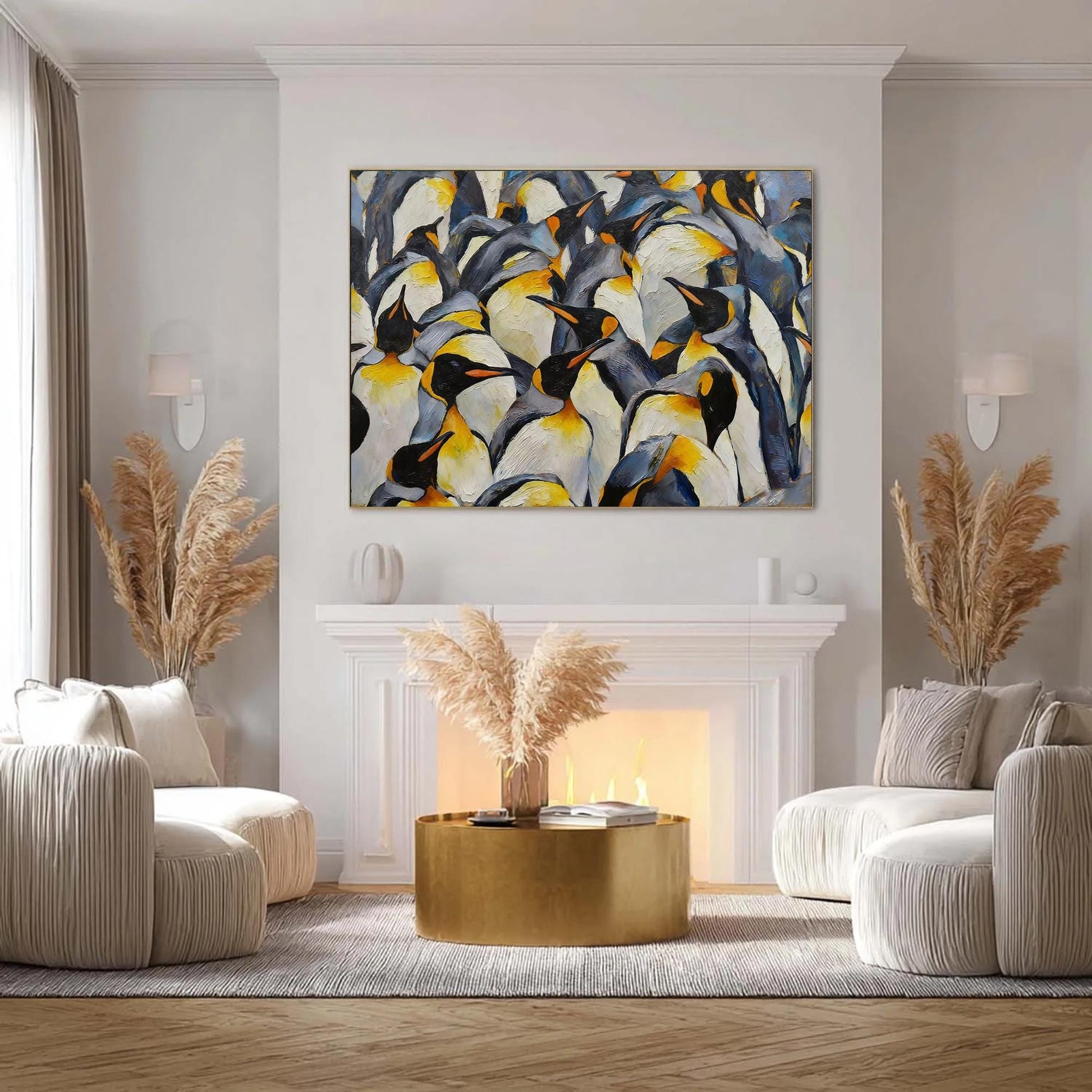 Textured Emperor Penguin Oil Painting, Antarctic Colony Wildlife Art – Blue and Yellow Abstract 3D Texture Wall Art | Texture