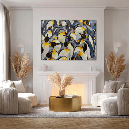 Textured Emperor Penguin Oil Painting, Antarctic Colony Wildlife Art – Blue and Yellow Abstract 3D Texture Wall Art | Texture