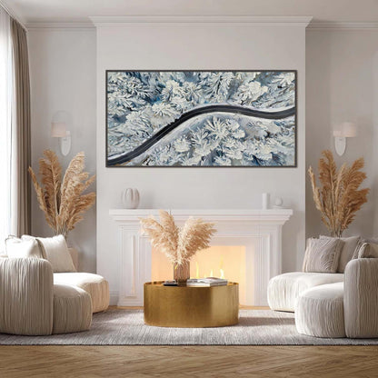 Blue and White Impasto Forest Tree Wall Art – Hand-Painted Winter Forest