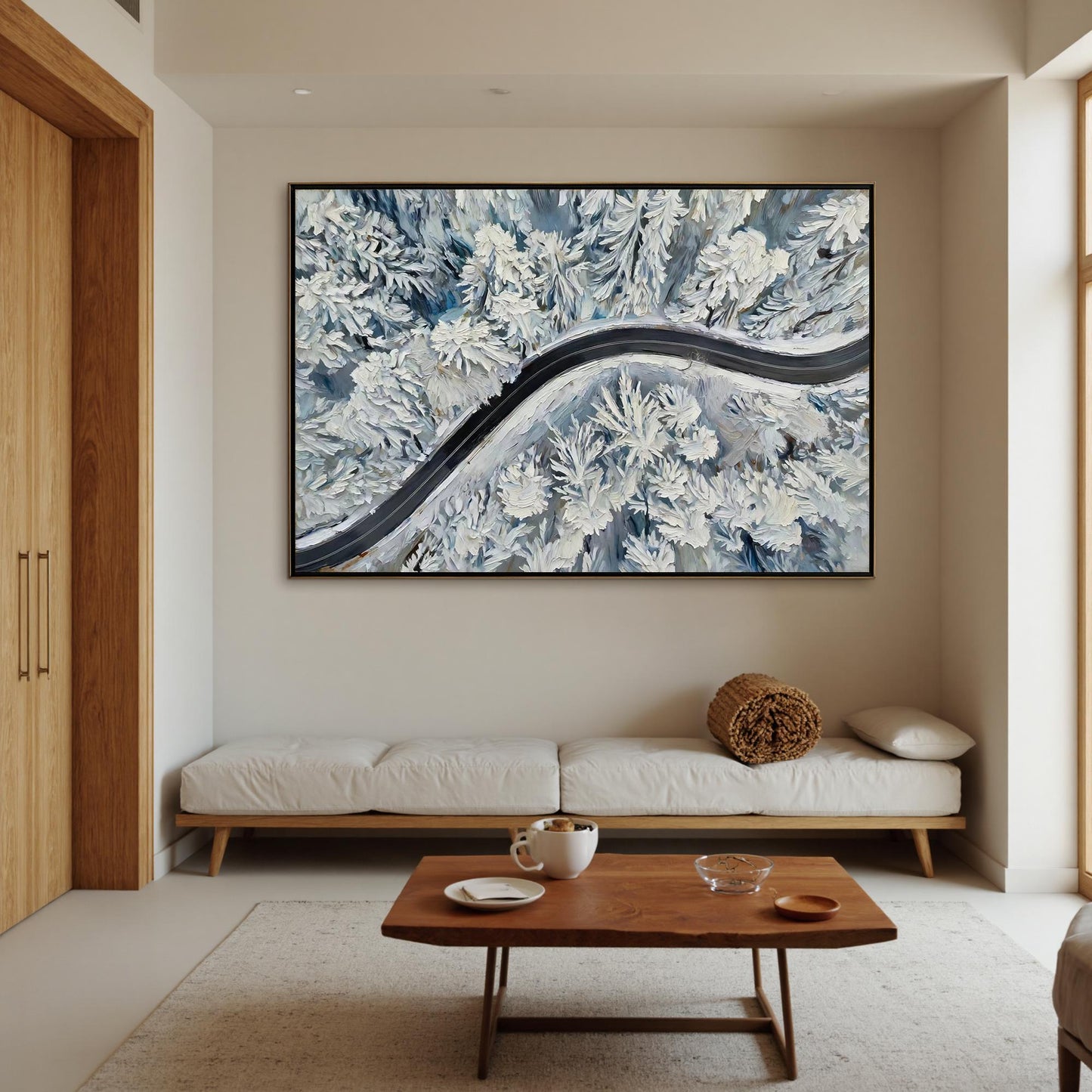 Blue and White Impasto Forest Tree Wall Art – Hand-Painted Winter Forest