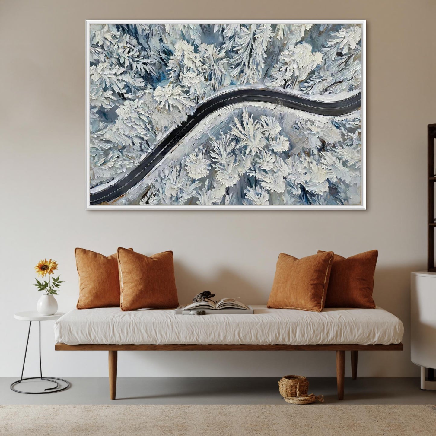 Blue and White Impasto Forest Tree Wall Art – Hand-Painted Winter Forest