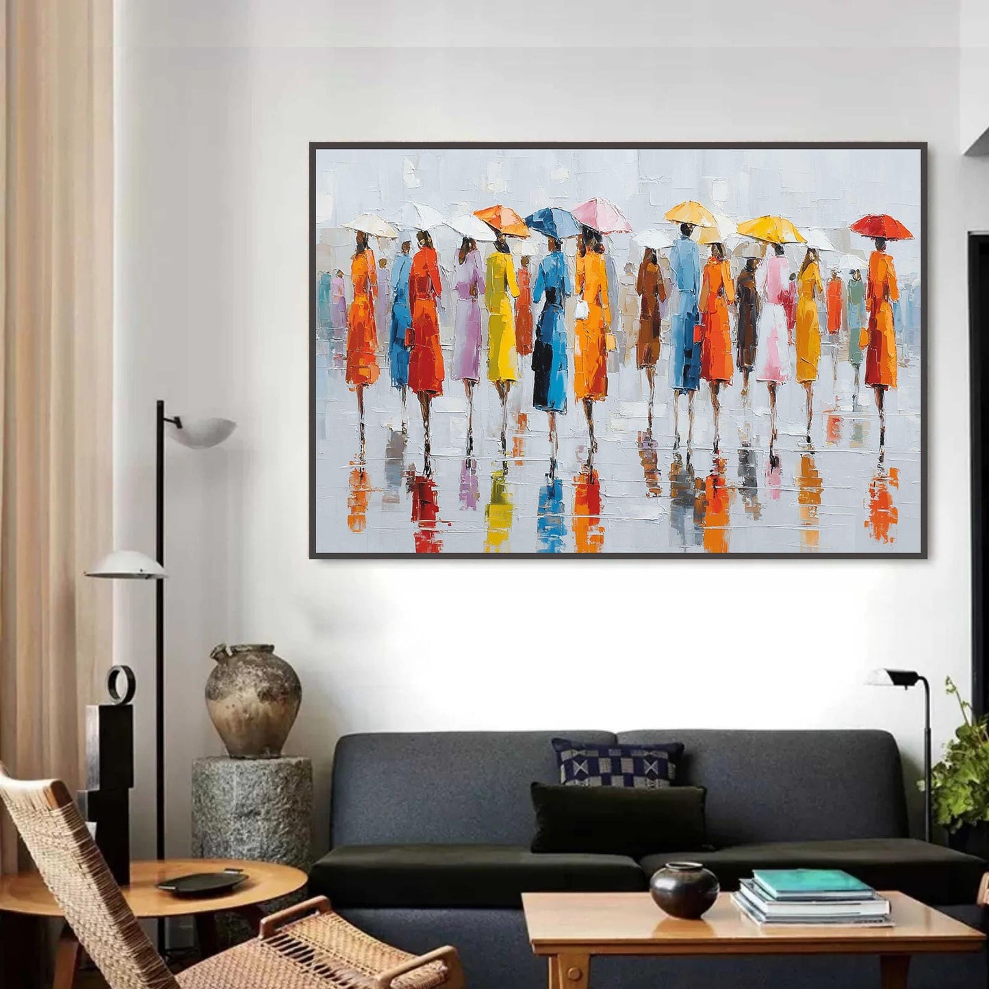 Colorful Umbrella Painting, Textured Impasto Rain Art, Modern Living Room Canvas – Colorful Abstract 3D Texture Wall Art | Im