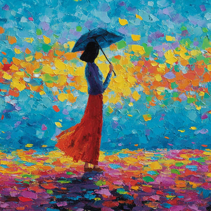 Colorful Impasto Figure Portrait Wall Art – Woman with Umbrella and Petals
