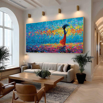 Textured Impasto Painting, Woman with Umbrella, Colorful Petals Canvas Wall Decor – Colorful Figurative Figure Portrait Wall 