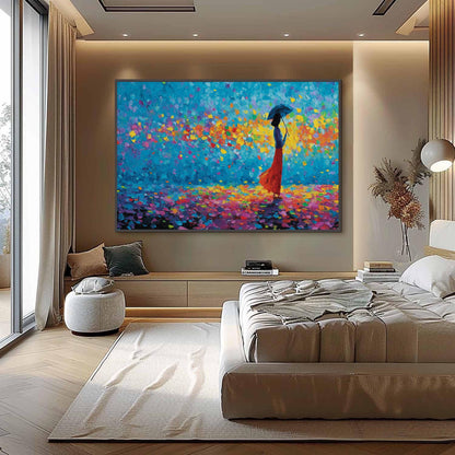 Textured Impasto Painting, Woman with Umbrella, Colorful Petals Canvas Wall Decor – Colorful Figurative Figure Portrait Wall 