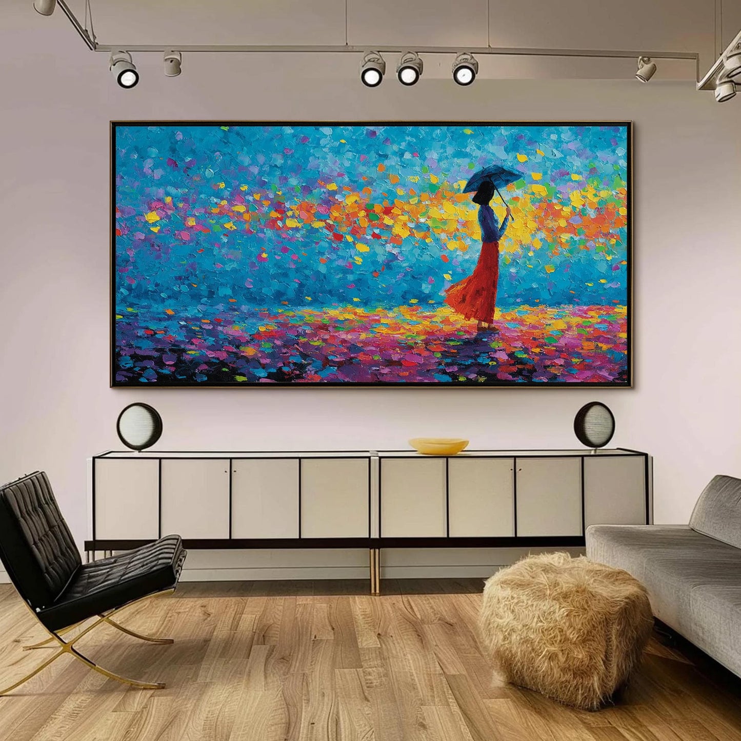 Colorful Impasto Figure Portrait Wall Art – Woman with Umbrella and Petals