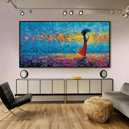 Colorful Impasto Figure Portrait Wall Art – Woman with Umbrella and Petals