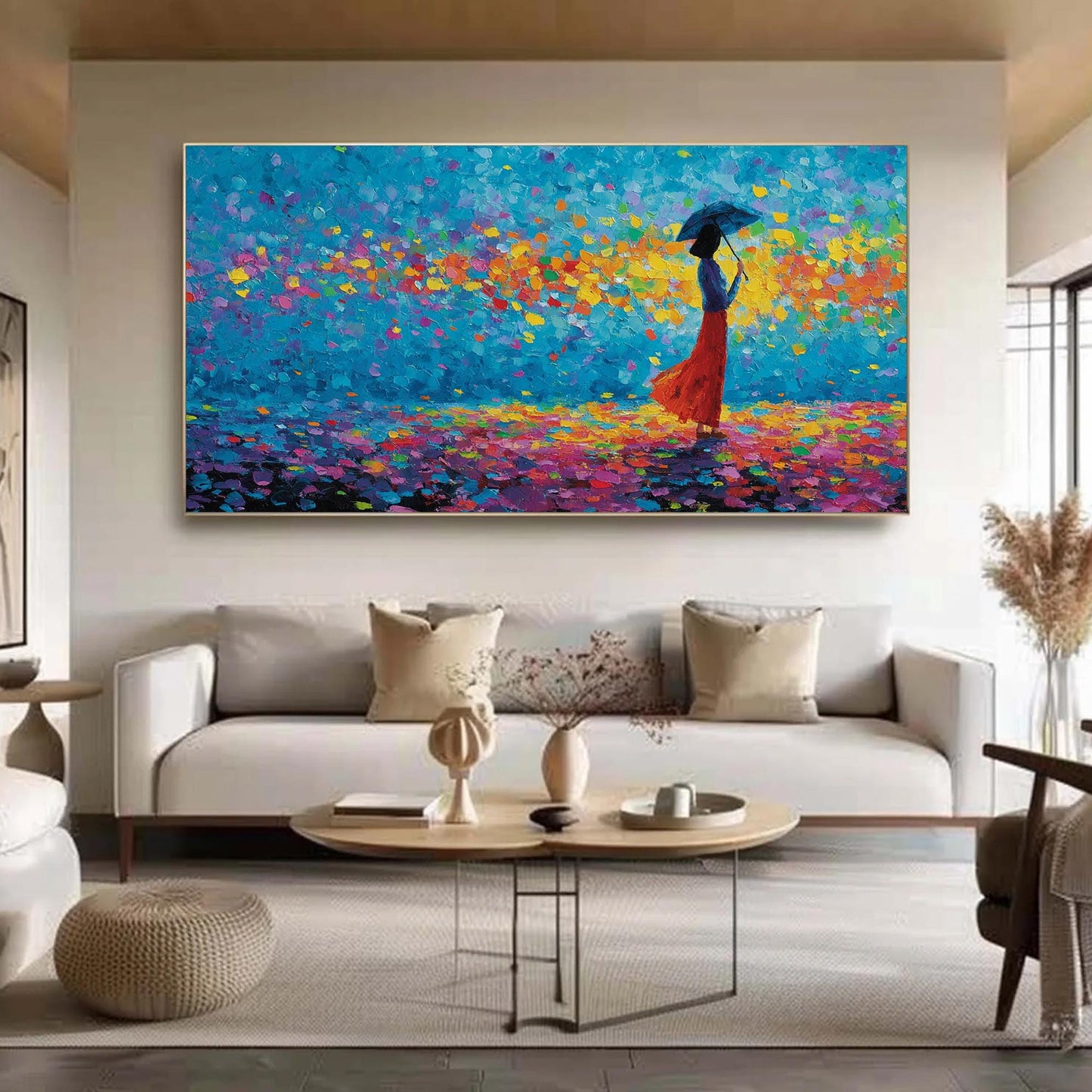 Textured Impasto Painting, Woman with Umbrella, Colorful Petals Canvas Wall Decor – Colorful Figurative Figure Portrait Wall 